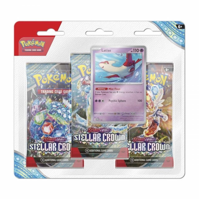 Pokémon Stellar Crown 3-pack blister med boosterpakker, promokort og mynt – Cardchimp.no