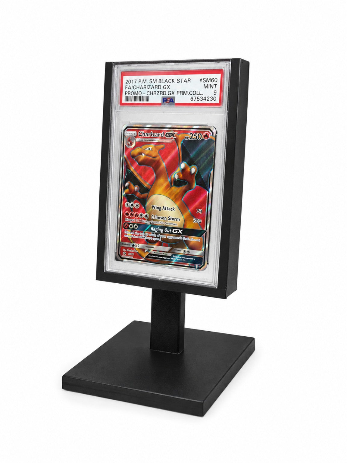Sort 3D-printet Slab Display for PSA- og CGC-graderte samlekort med 10 × 10 cm base.