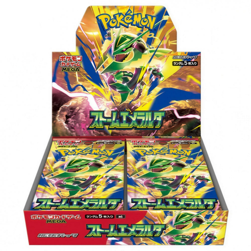 Pokémon Storm Emeralda M6 – japansk boosterboks med 30 boosterpakker og 5 kort per pakke.