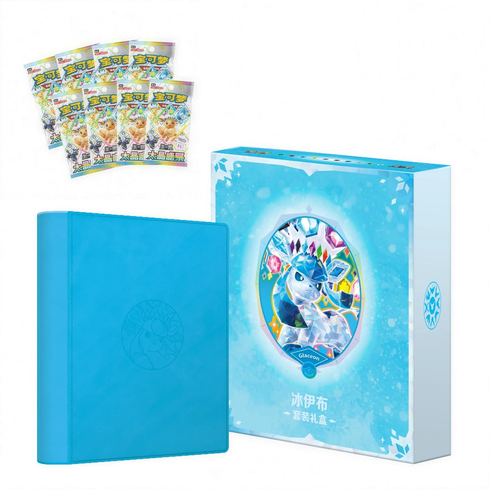 Pokémon Crystal Gathering Glaceon Binder Gift Box med Glaceon-perm, 8 boosterpakker og 64 matchende sleeves.