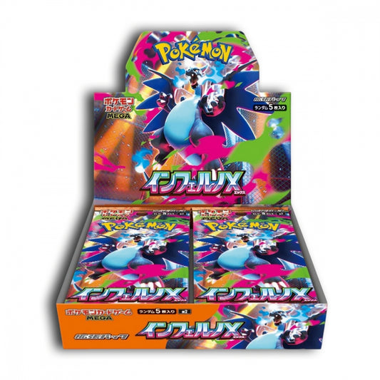 Pokémon Inferno X Japansk Booster Box – display med 30 pakker i ildinspirert design.
