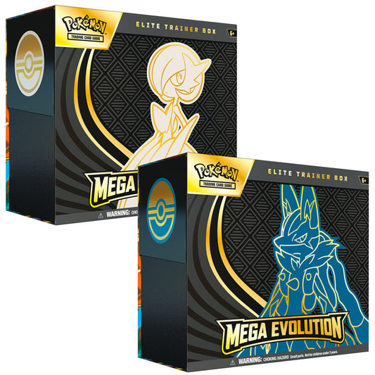 Pokémon Mega Evolution – Elite Trainer Box med 9 boosterpakker og promo-kort.