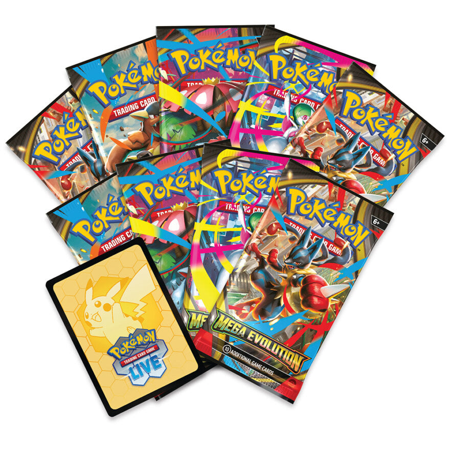 Pokémon Mega Evolution – Elite Trainer Box med 9 boosterpakker og promo-kort.