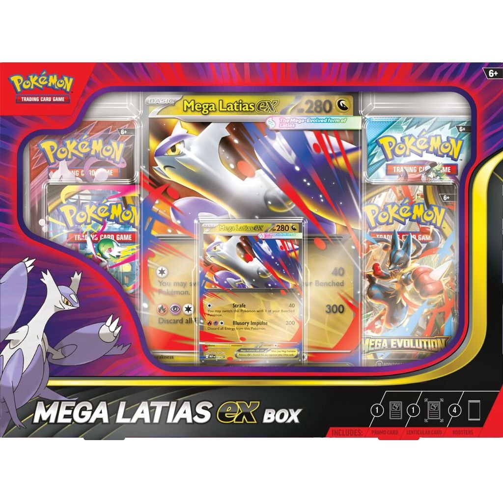 Pokémon Mega Latias EX Box – engelsk boks med 4 boosterpakker, foil promo og lentikulært Mega Latias EX-kort.