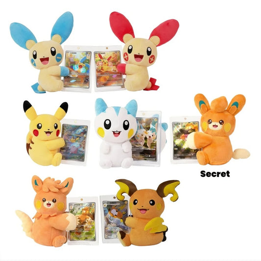 Pokémon Electric Plush Blind Box med plush-bamse, illustration rare-kort og kinesiske boosterpakker.